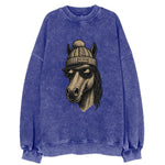 Vermont Morgan Horse wearing Burlington beanie with pom pom and wayfarer - Vintage Sweatshirt