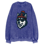 Storrs Husky wearing UConn beanie with C patch - Vintage Sweatshirt