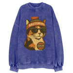 Maryland Calico Cat wearing Baltimore beanie with pom pom and wayfarer - Vintage Sweatshirt