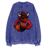 Chicago Bull wearing Bulls red and black beanie with horns design and wayfarer - Vintage Sweatshirt