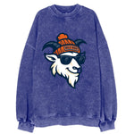 Denver Mountain Goat wearing Broncos beanie with Mile High patch and wayfarer - Vintage Sweatshirt