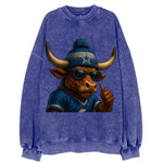 Texas Longhorn wearing Cowboys silver and blue beanie with star and wayfarer - Vintage Sweatshirt