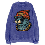 Boston Harbor Seal wearing Boston beanie with pom pom and wayfarer sunglasses - Vintage Sweatshirt