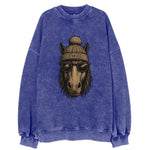 North Dakota Nokota Horse wearing Fargo beanie with pom pom and wayfarer - Vintage Sweatshirt