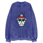 New York Bulldog wearing Giants blue and red beanie with pom pom and wayfarer - Vintage Sweatshirt