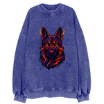Alert German Shepherd with cyber circuit patterns in the fur, neon orange and - Vintage Sweatshirt