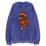 KC Bison wearing Chiefs beanie with arrowhead patch and wayfarer sunglasses - Vintage Sweatshirt