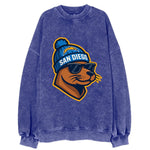 San Diego Sea Lion wearing Chargers beanie with bolt patch and wayfarer - Vintage Sweatshirt