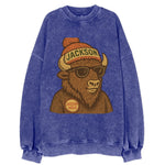 Jackson Hole Bison wearing Jackson beanie with pom pom and wayfarer sunglasses - Vintage Sweatshirt
