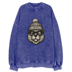 New York Beaver wearing NYC beanie with pom pom and wayfarer sunglasses - Vintage Sweatshirt