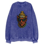 Winston-Salem Demon wearing Wake Forest beanie with WF patch - Vintage Sweatshirt