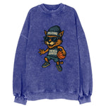 French Quarter Cat wearing Pelicans beanie with Mardi Gras patch and wayfarer - Vintage Sweatshirt