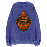 Cleveland Bulldog wearing Browns orange and brown beanie with pom pom and - Vintage Sweatshirt