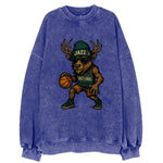 Salt Lake Elk wearing Jazz beanie with saxophone patch and wayfarer sunglasses - Vintage Sweatshirt