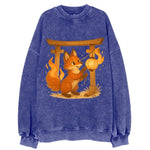 Foxfire kitsune stringing lanterns along a torii gate with tails of living - Vintage Sweatshirt
