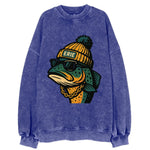 Erie Lake Trout wearing Erie beanie with pom pom and wayfarer sunglasses - Vintage Sweatshirt