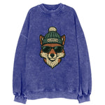Delaware Gray Fox wearing Wilmington beanie with pom pom and wayfarer - Vintage Sweatshirt