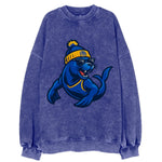 Bay Area Sea Lion wearing Warriors blue and gold beanie with Golden Gate and - Vintage Sweatshirt