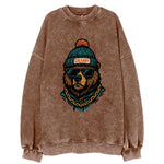 Calgary Grizzly Bear wearing Calgary beanie with pom pom and wayfarer - Vintage Sweatshirt
