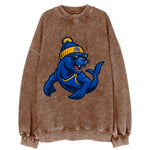 Bay Area Sea Lion wearing Warriors blue and gold beanie with Golden Gate and - Vintage Sweatshirt