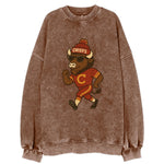 KC Bison wearing Chiefs beanie with arrowhead patch and wayfarer sunglasses - Vintage Sweatshirt