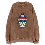 New York Bulldog wearing Giants blue and red beanie with pom pom and wayfarer - Vintage Sweatshirt