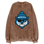 Motor City Wolverine wearing Lions beanie with gear patch and wayfarer - Vintage Sweatshirt