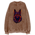 Alert German Shepherd with cyber circuit patterns in the fur, neon orange and - Vintage Sweatshirt