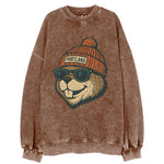 Oregon Beaver wearing Portland beanie with pom pom and wayfarer sunglasses - Vintage Sweatshirt