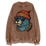 Boston Harbor Seal wearing Boston beanie with pom pom and wayfarer sunglasses - Vintage Sweatshirt