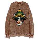 Wisconsin Cow wearing Packers beanie with Lambeau patch and wayfarer sunglasses - Vintage Sweatshirt