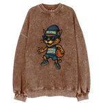 French Quarter Cat wearing Pelicans beanie with Mardi Gras patch and wayfarer - Vintage Sweatshirt