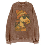 Outer Banks Wild Horse wearing OBX beanie with pom pom and wayfarer sunglasses - Vintage Sweatshirt