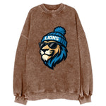 Detroit Lion wearing Lions Honolulu blue and silver beanie with pom pom and - Vintage Sweatshirt