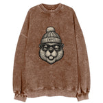 New York Beaver wearing NYC beanie with pom pom and wayfarer sunglasses - Vintage Sweatshirt