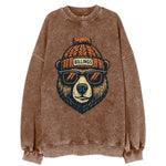 Montana Grizzly Bear wearing Billings beanie with pom pom and wayfarer - Vintage Sweatshirt