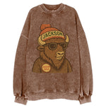 Jackson Hole Bison wearing Jackson beanie with pom pom and wayfarer sunglasses - Vintage Sweatshirt