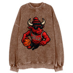 Chicago Bull wearing Bulls red and black beanie with horns design and wayfarer - Vintage Sweatshirt