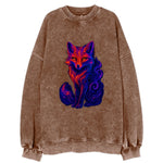 Clever fox with tail dissolving into cosmic nebula swirls, orange to purple - Vintage Sweatshirt