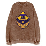 LA Mountain Lion wearing Lakers purple and gold beanie with championship stars - Vintage Sweatshirt