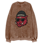 Fayetteville Razorback wearing Arkansas beanie with hog patch - Vintage Sweatshirt