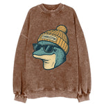 Charleston Dolphin wearing Charleston beanie with pom pom and wayfarer - Vintage Sweatshirt
