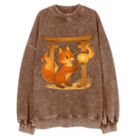Foxfire kitsune stringing lanterns along a torii gate with tails of living - Vintage Sweatshirt