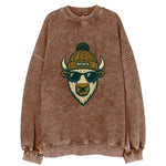 Kansas American Bison wearing Wichita beanie with pom pom and wayfarer - Vintage Sweatshirt
