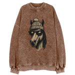 Vermont Morgan Horse wearing Burlington beanie with pom pom and wayfarer - Vintage Sweatshirt