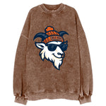 Denver Mountain Goat wearing Broncos beanie with Mile High patch and wayfarer - Vintage Sweatshirt
