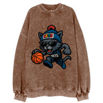 Brooklyn Cat wearing Nets beanie with street art patch and wayfarer sunglasses - Vintage Sweatshirt