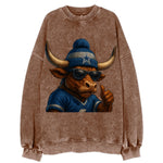 Texas Longhorn wearing Cowboys silver and blue beanie with star and wayfarer - Vintage Sweatshirt