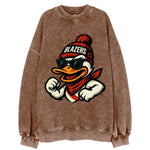 Oregon Duck wearing Trail Blazers beanie with rose patch and wayfarer - Vintage Sweatshirt