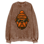 Cleveland Bulldog wearing Browns orange and brown beanie with pom pom and - Vintage Sweatshirt